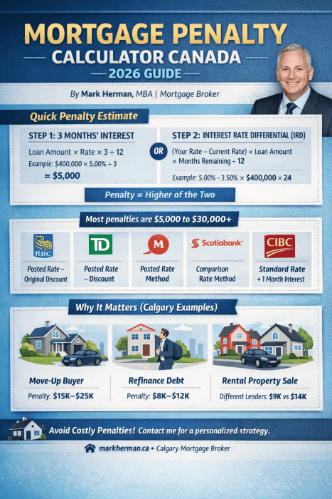 Mortgage penalty calculator Canada showing IRD and 3 months interest formula with Calgary examples